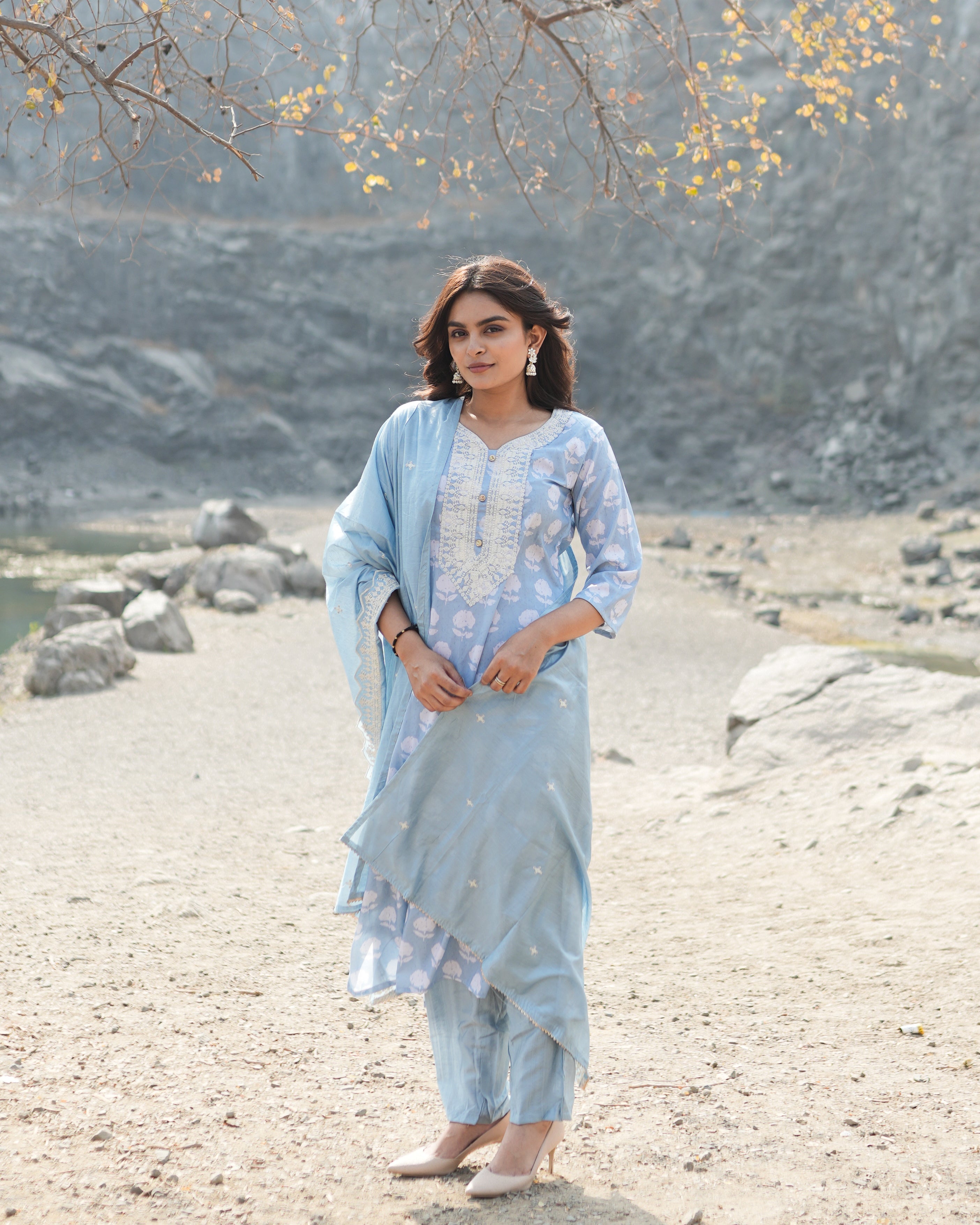 Blue Printed Cotton Kurta With Embroidery Work