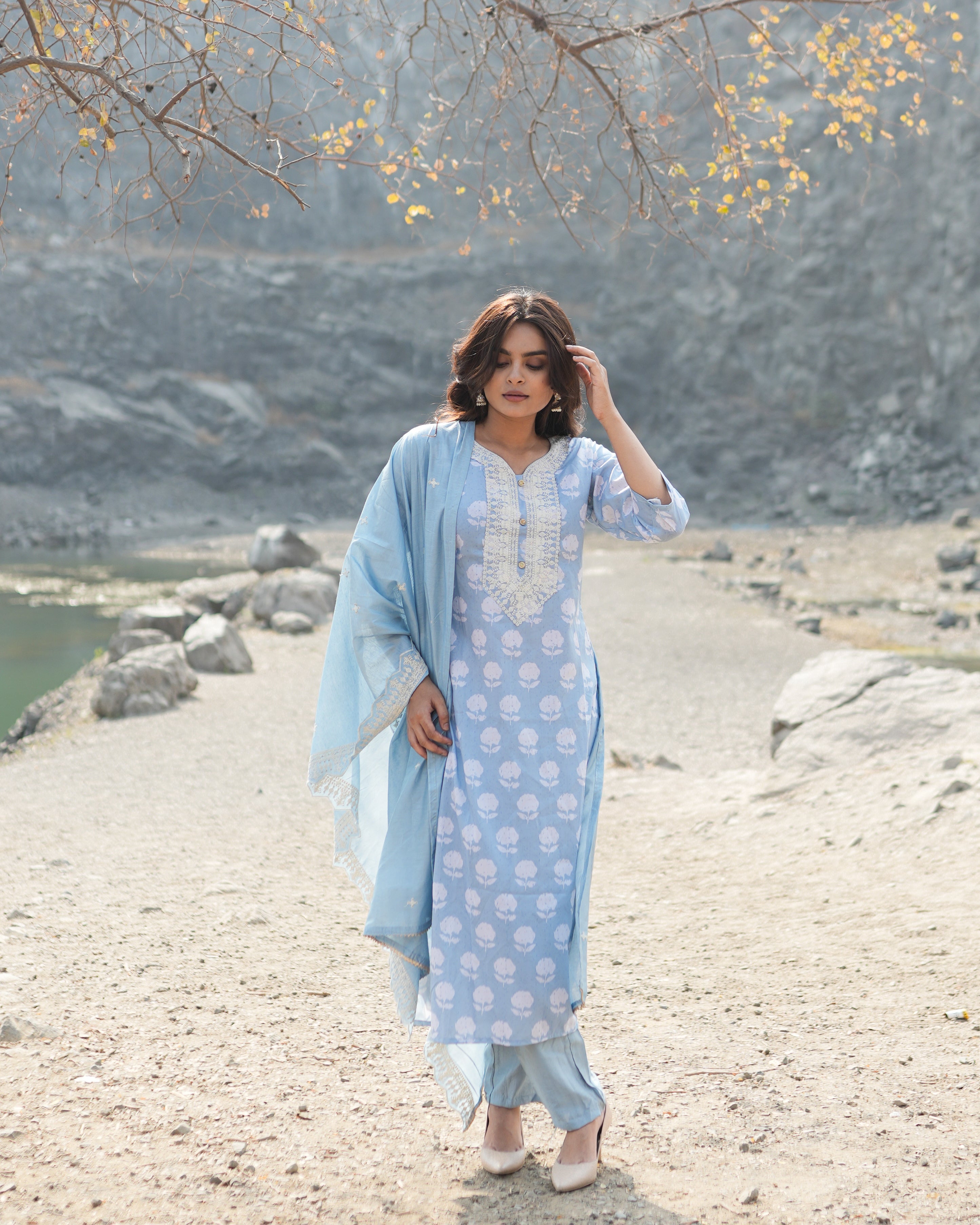 Blue Printed Cotton Kurta With Embroidery Work