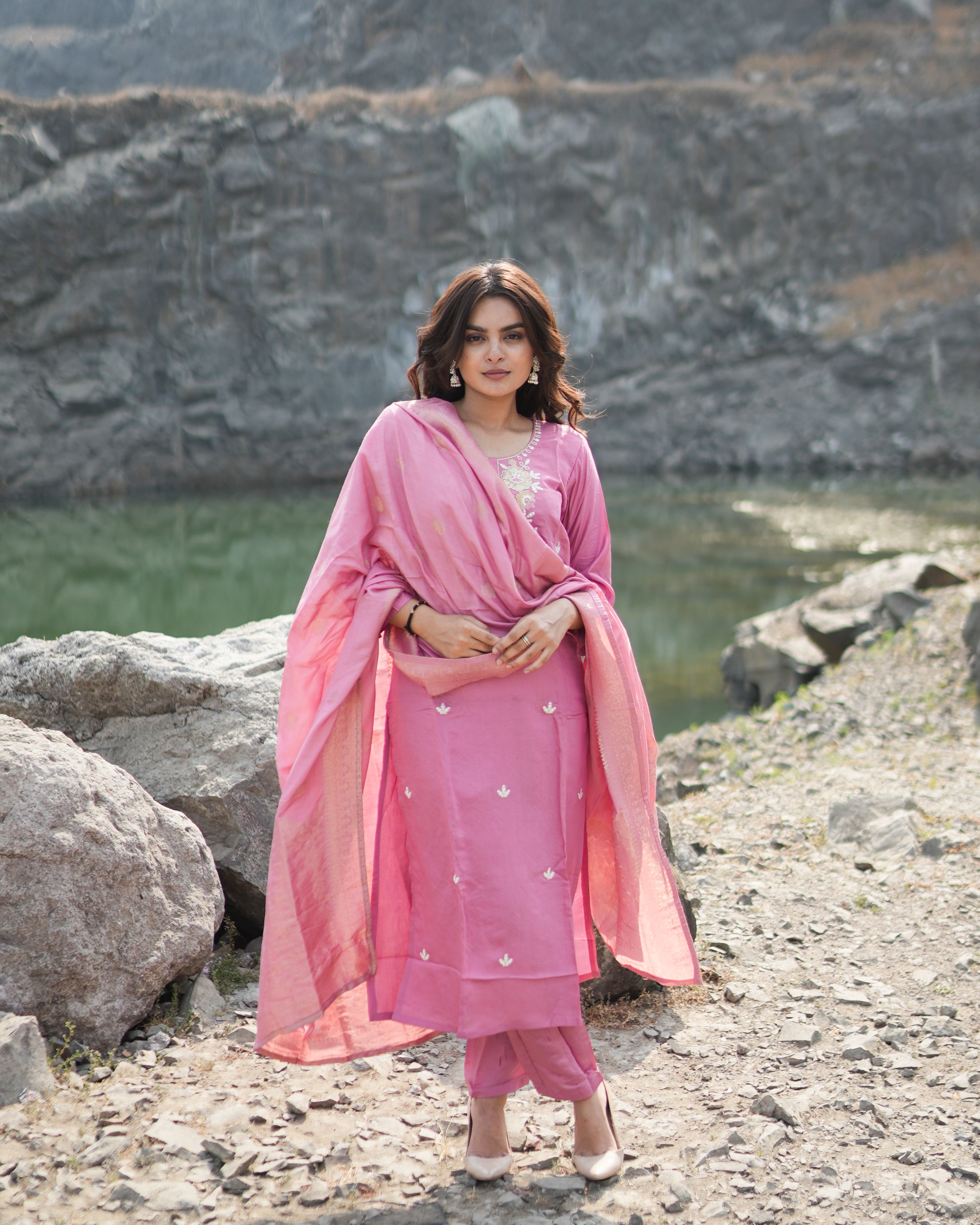 Pink Embroidered Kurta And Pants Set