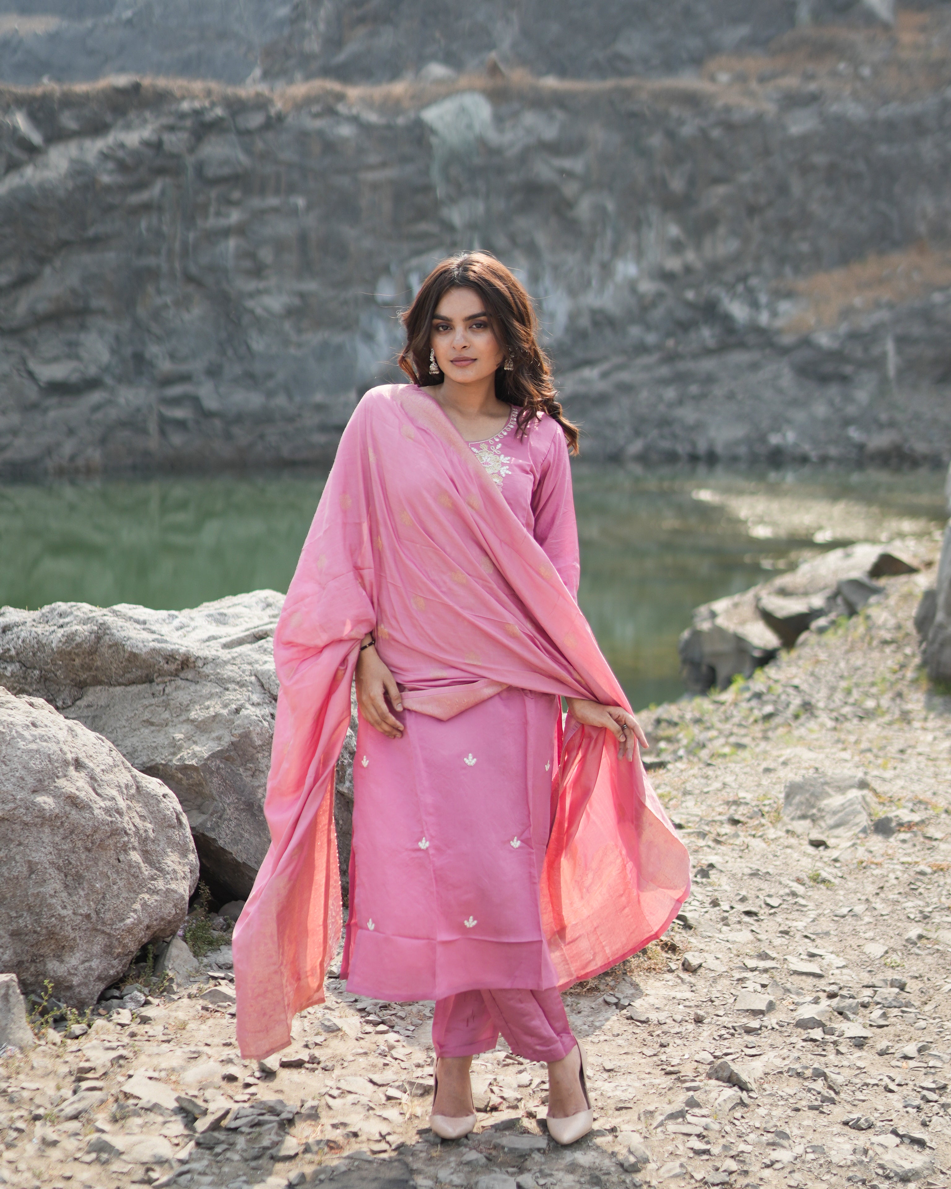 Pink Embroidered Kurta And Pants Set