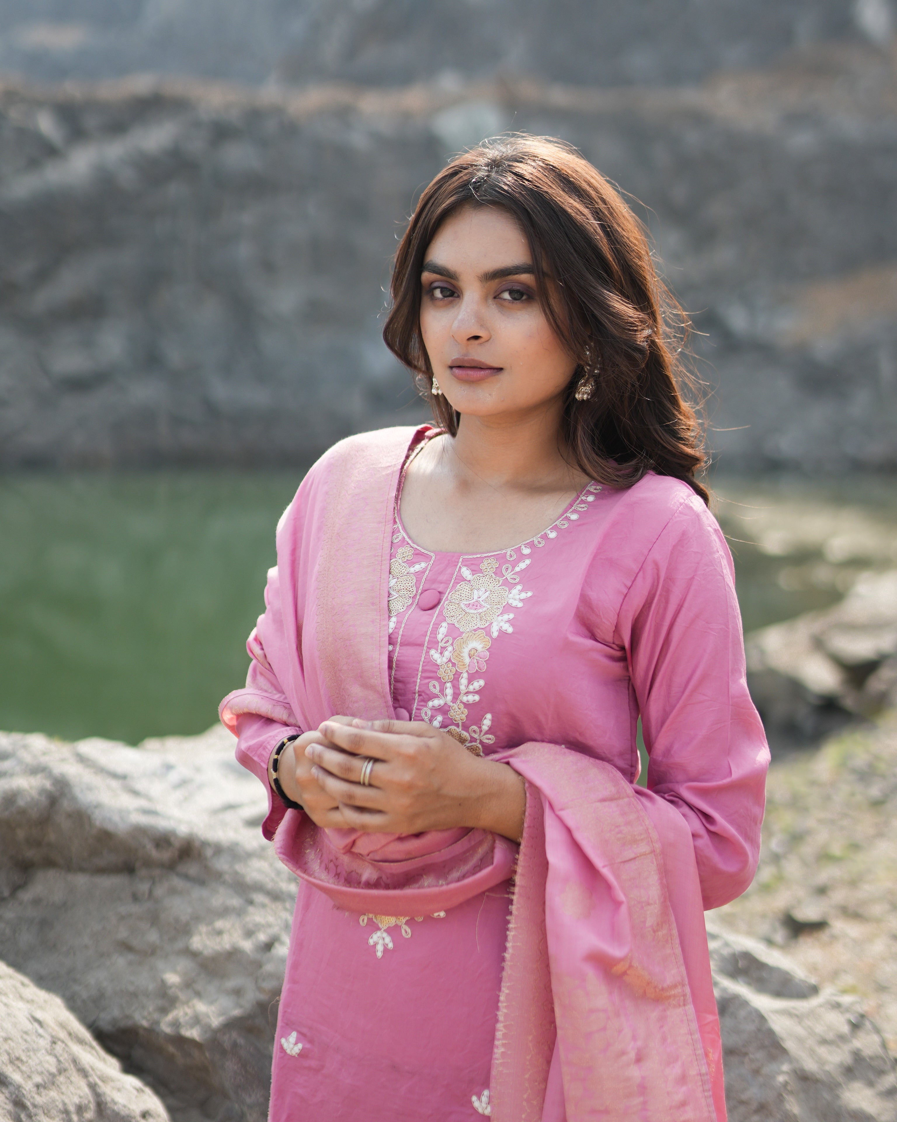 Pink Embroidered Kurta And Pants Set