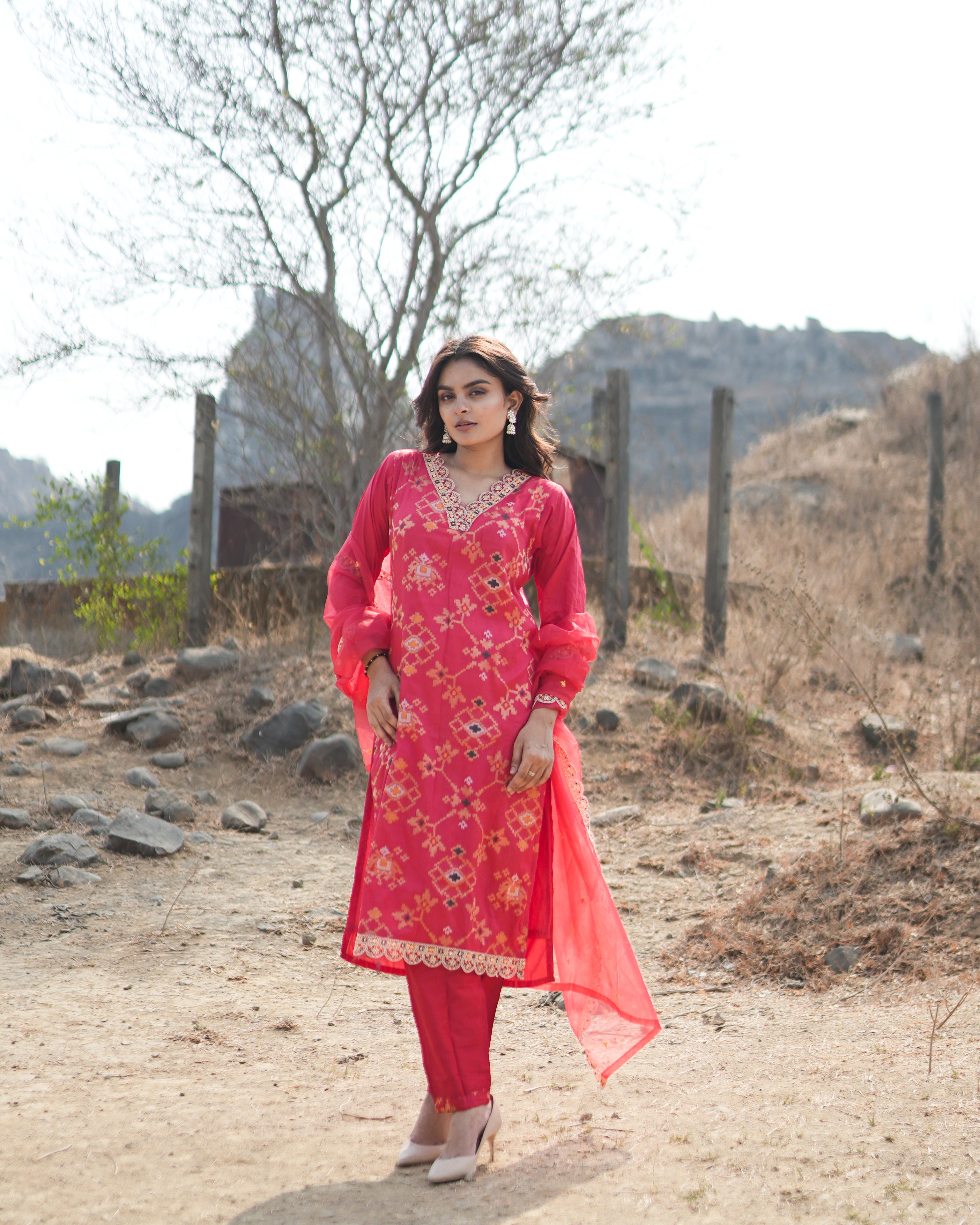 Maroon viscose Jacquard Kurta And Pants Festive Set