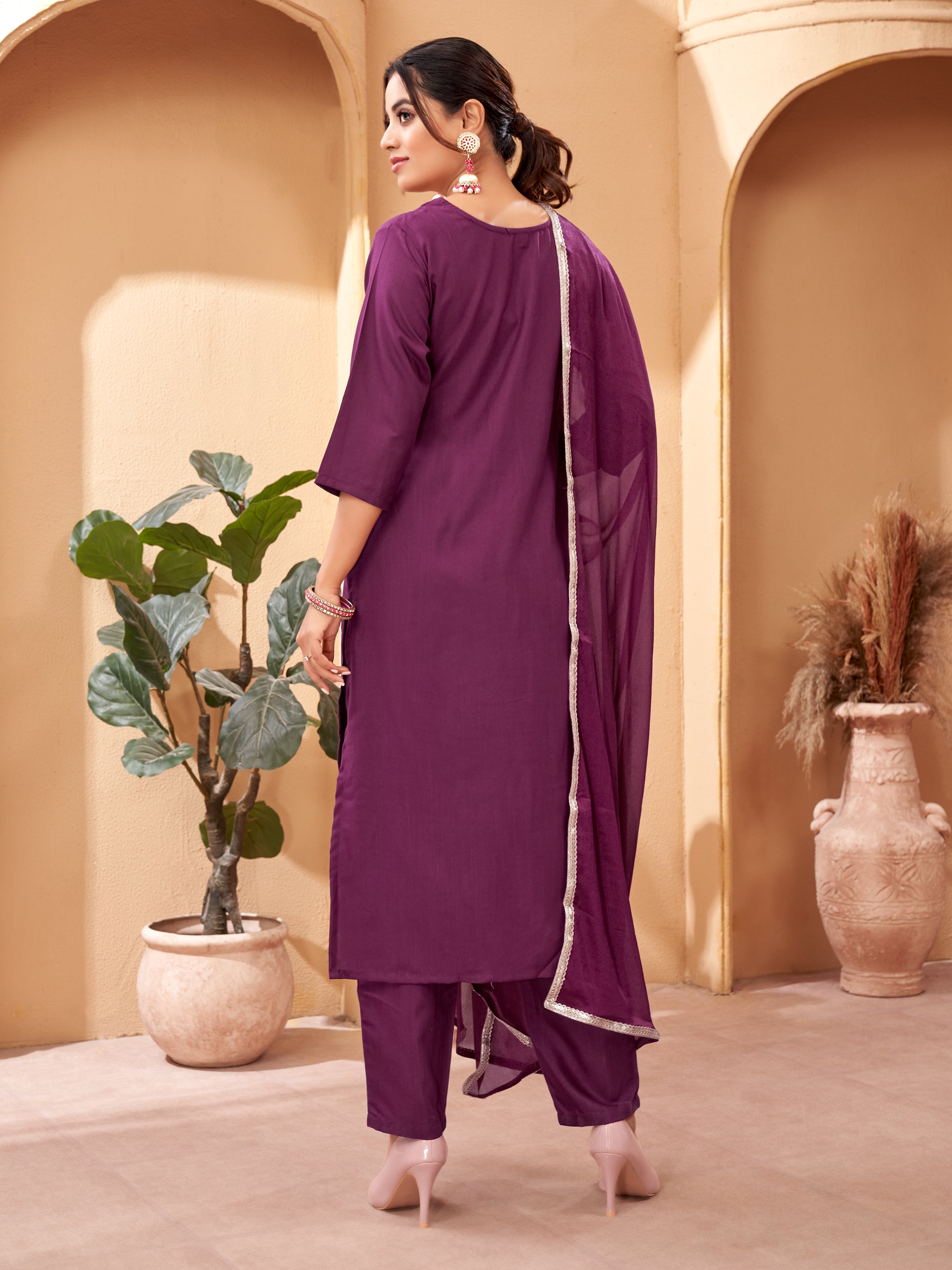 Women Maroon Embroidered Yoke Design Kurta with Trousers & Dupatta