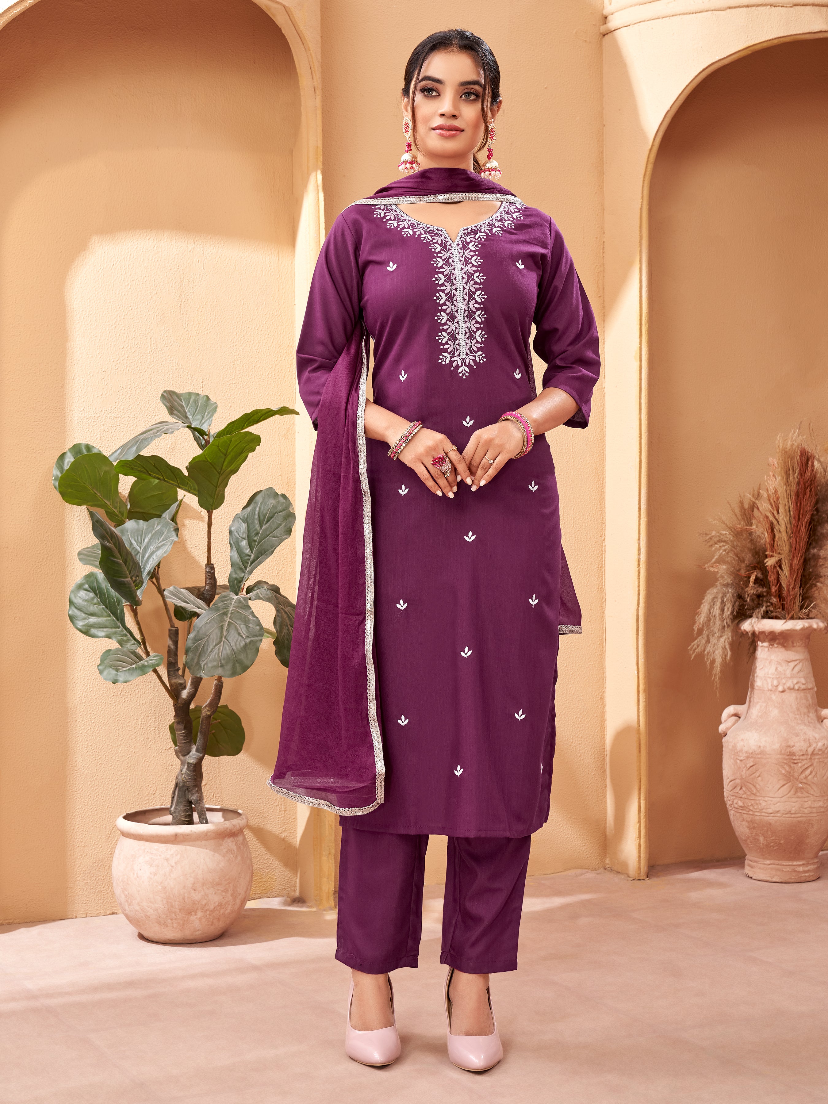 Women Maroon Embroidered Yoke Design Kurta with Trousers & Dupatta