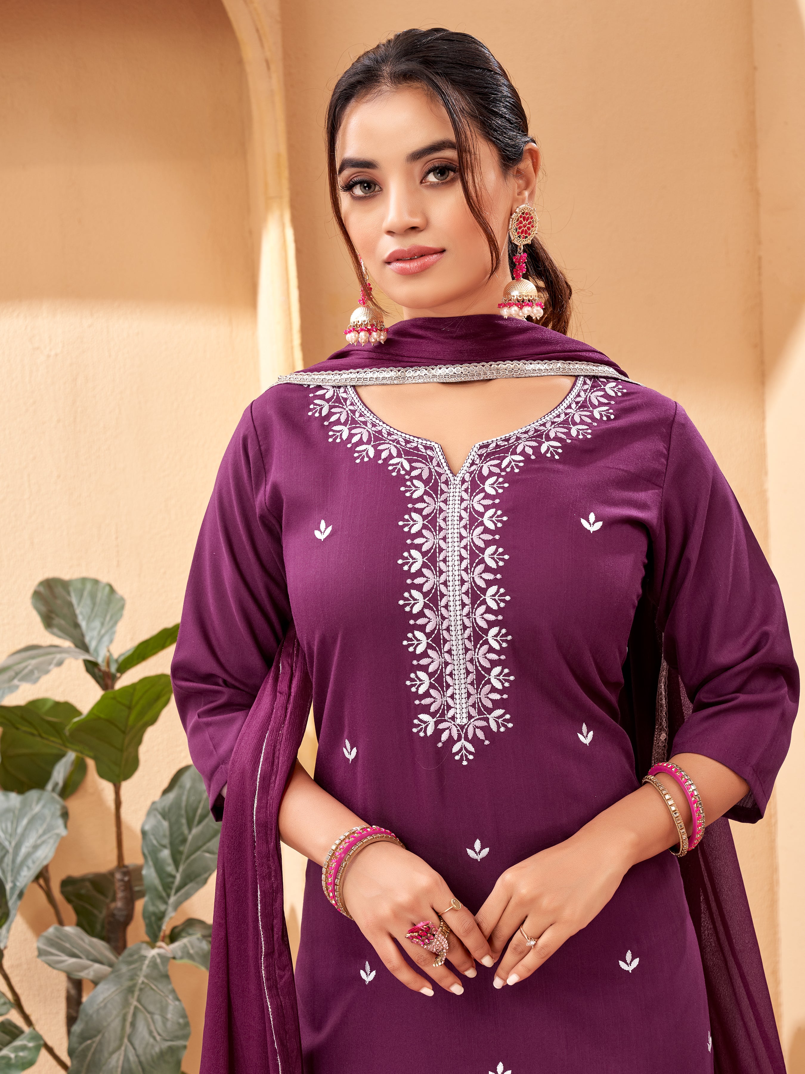 Women Maroon Embroidered Yoke Design Kurta with Trousers & Dupatta