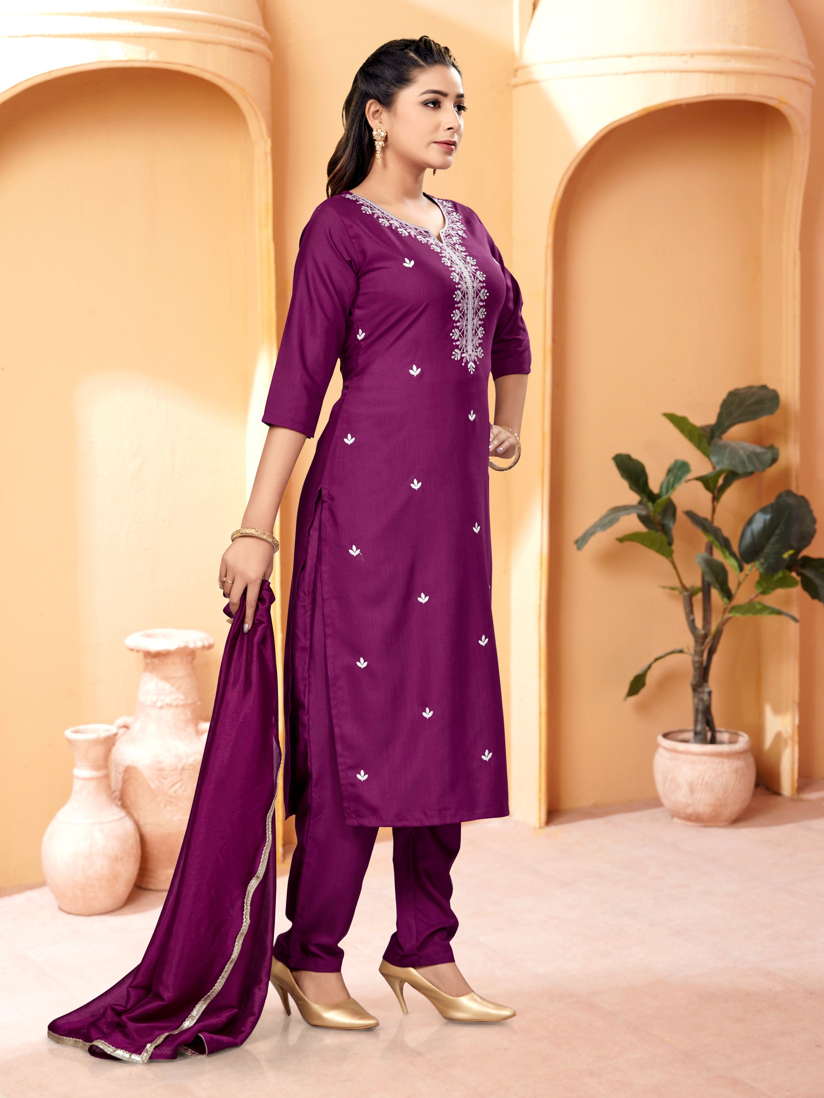 Women Maroon Embroidered Yoke Design Kurta with Trousers & Dupatta