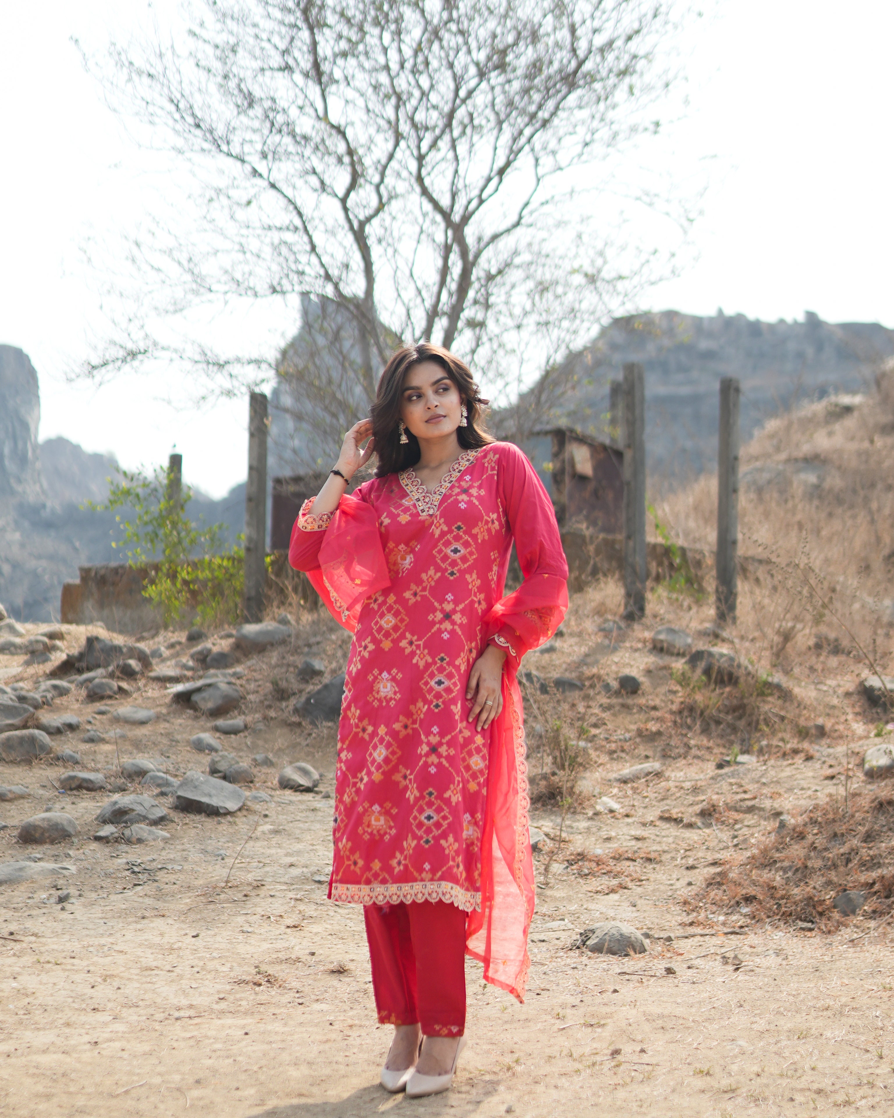 Maroon viscose Jacquard Kurta And Pants Festive Set