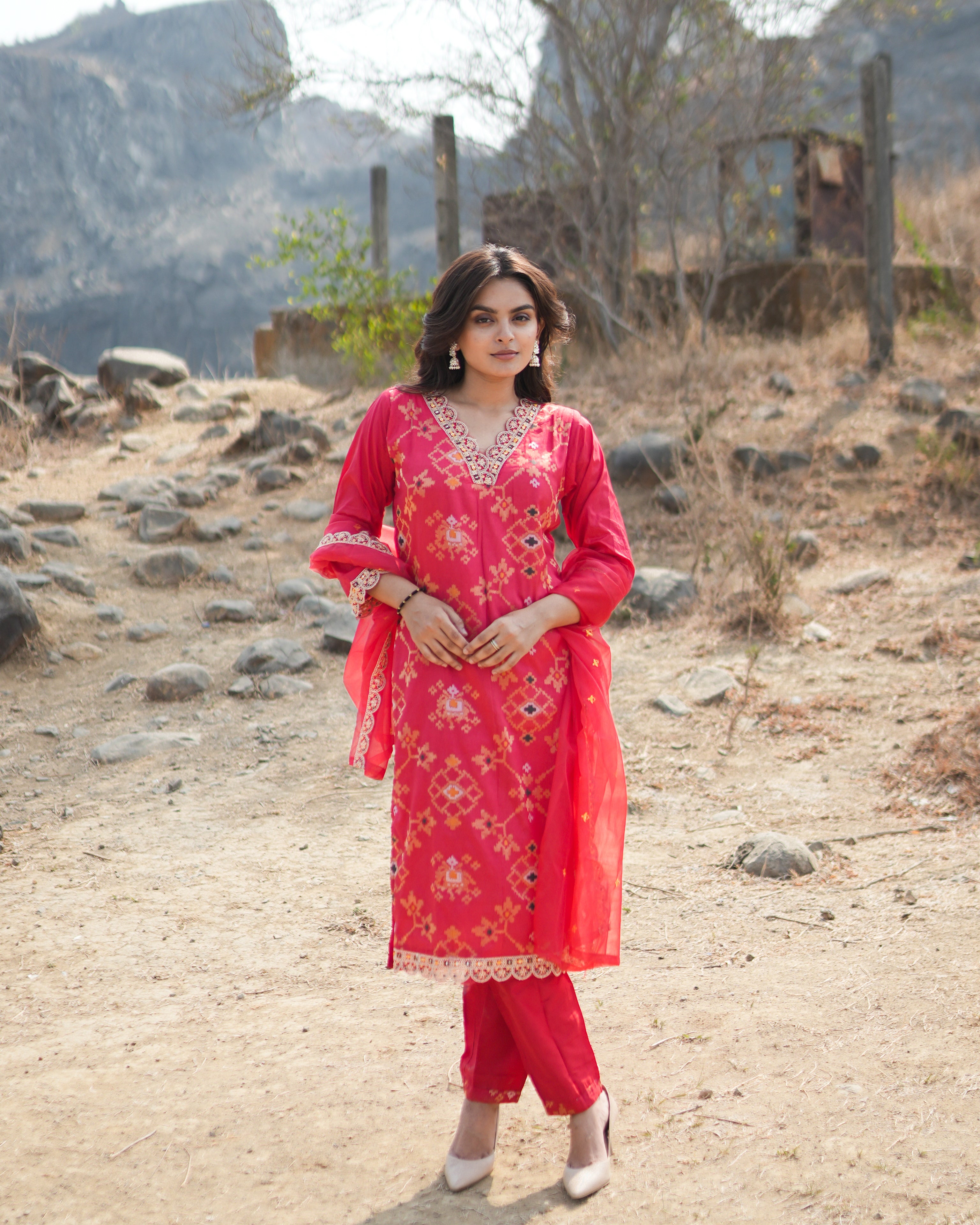 Maroon viscose Jacquard Kurta And Pants Festive Set