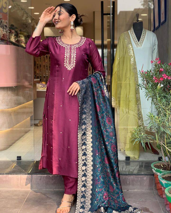 Wine Viscose Chanderi Cotton Women Embroidery Straight Kurta Set