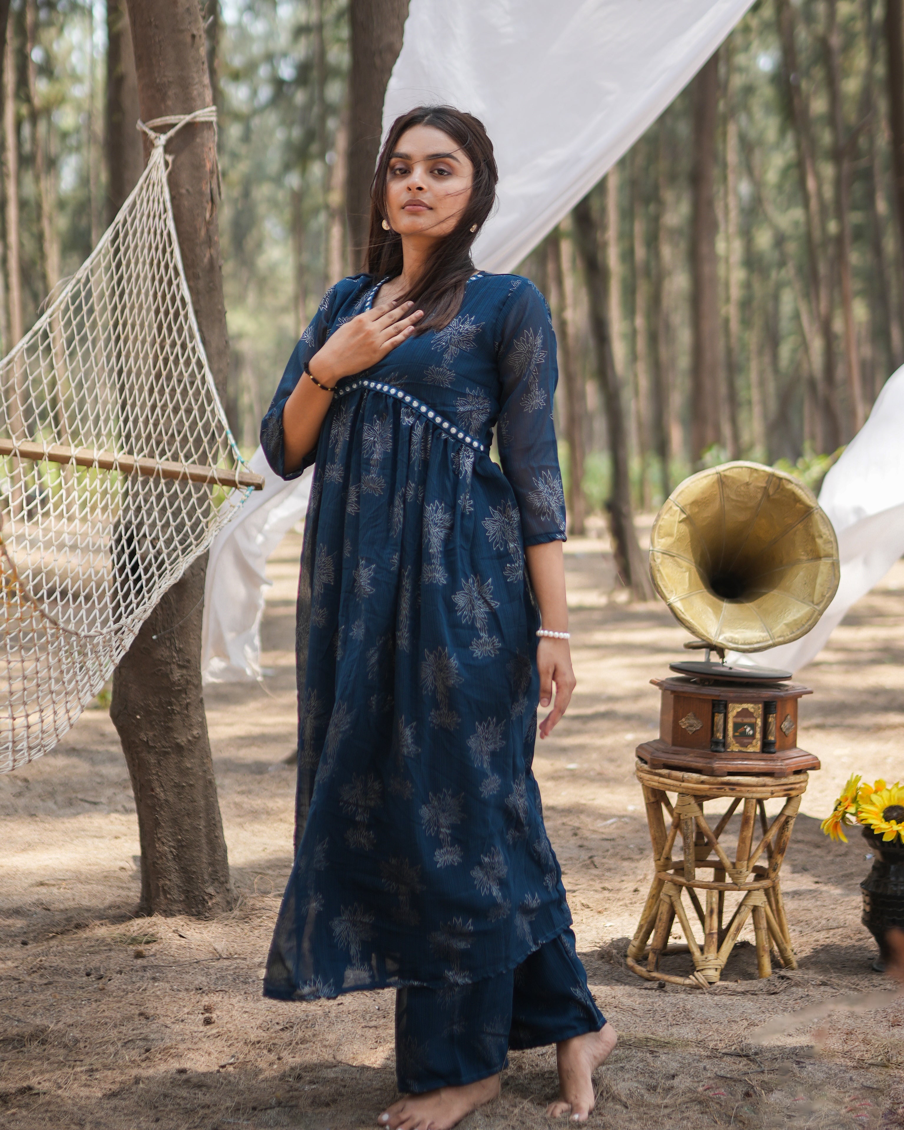 Blue A-Line Printed Kurta with Pant