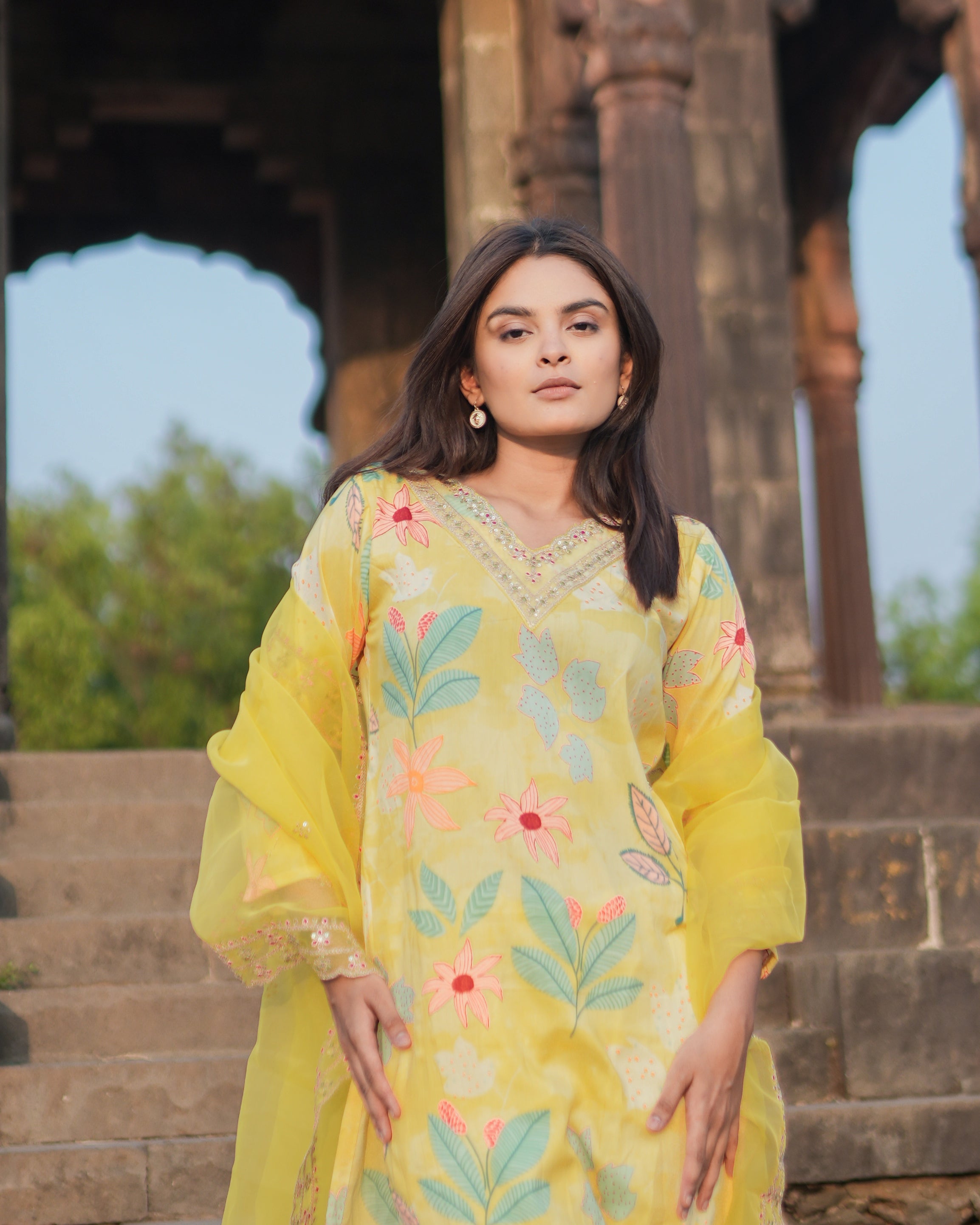 Yellow viscose Embroidered kurta Set and Pant With Dupatta