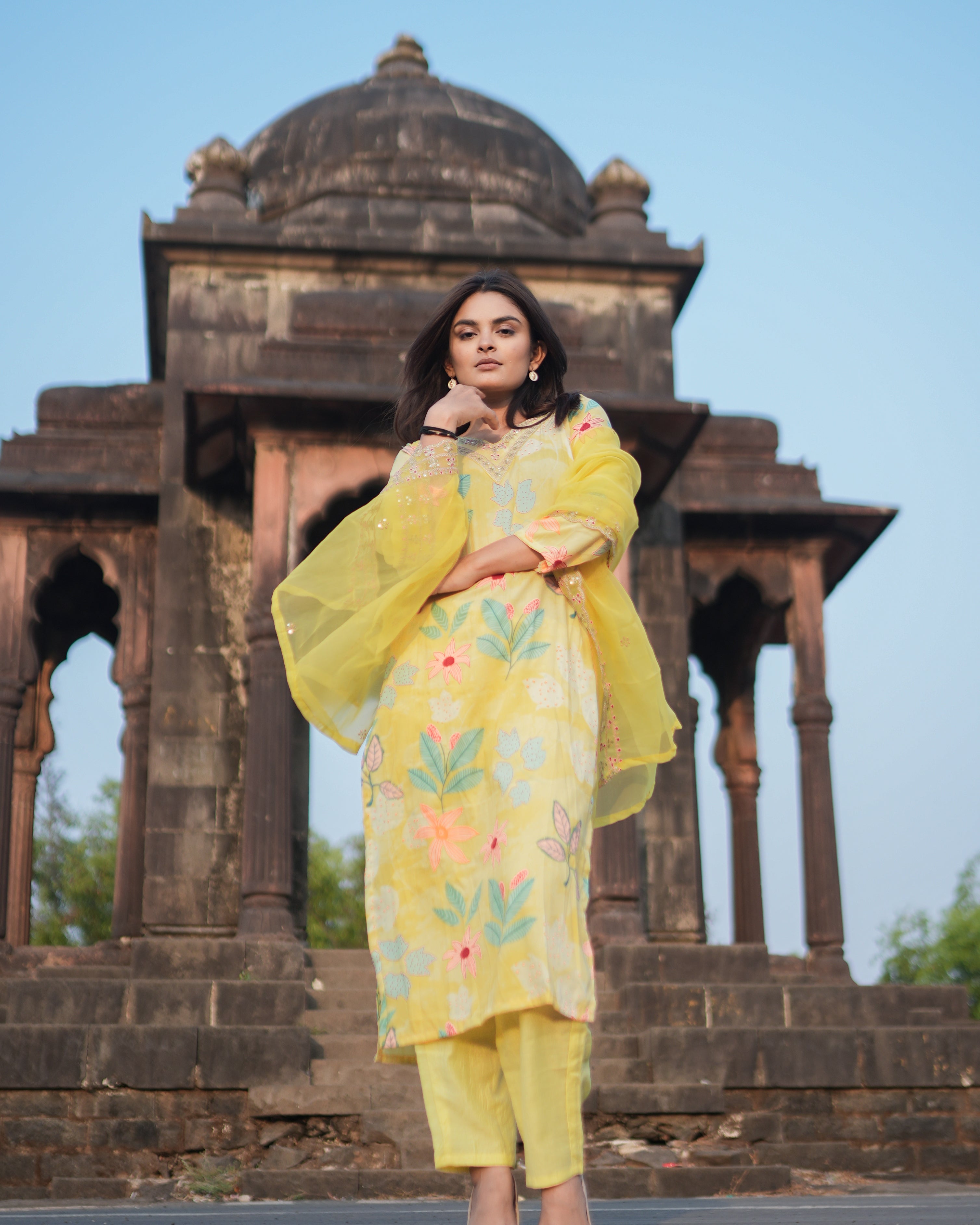 Yellow viscose Embroidered kurta Set and Pant With Dupatta