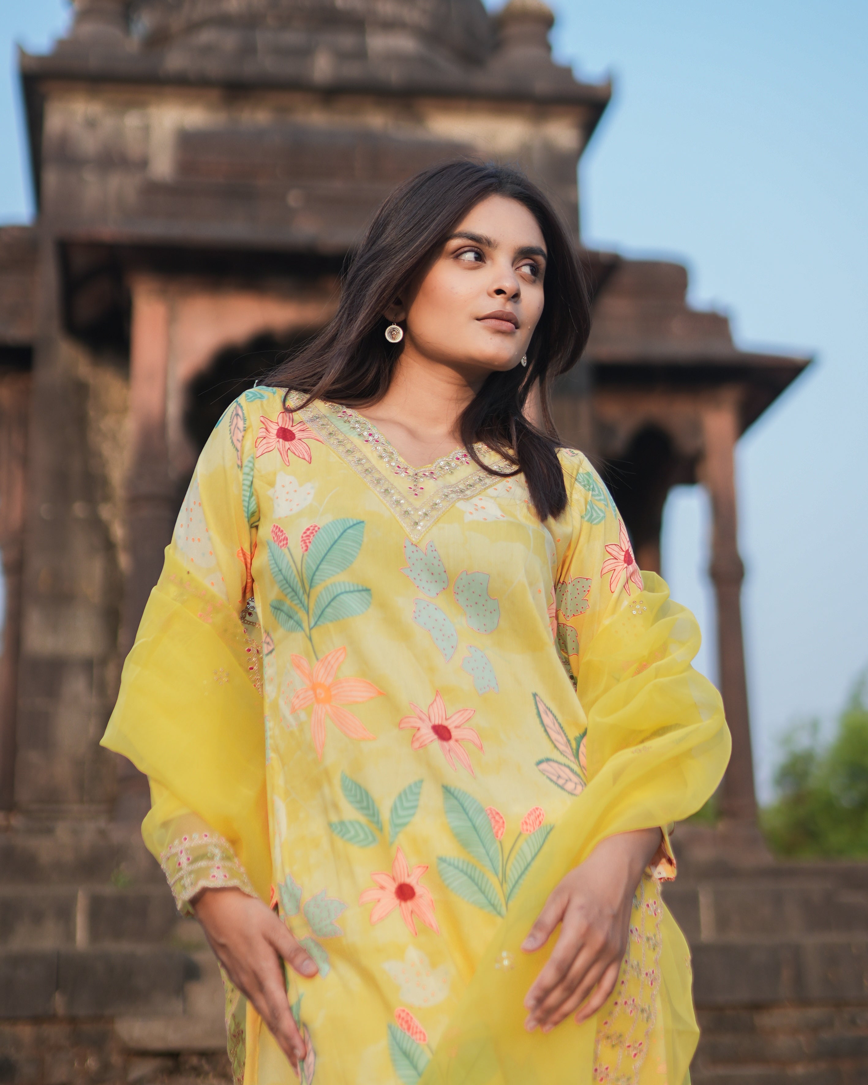 Yellow viscose Embroidered kurta Set and Pant With Dupatta