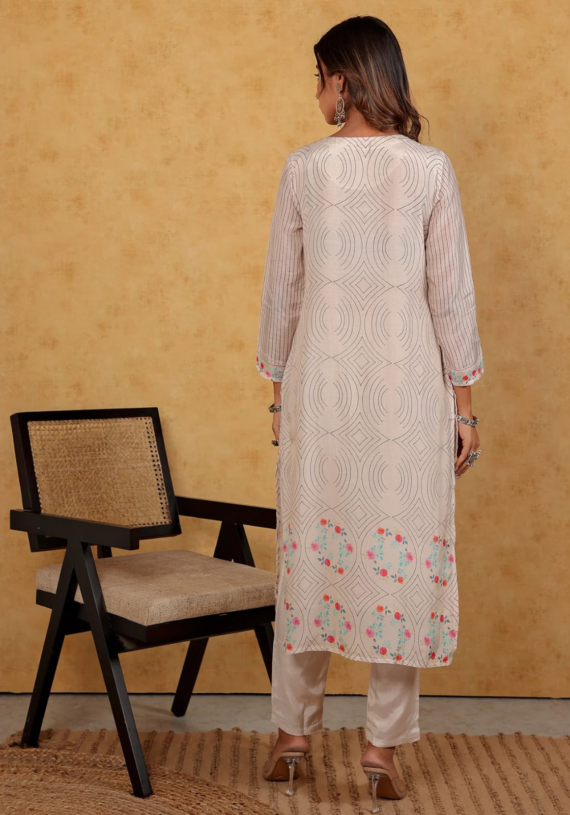 White Embellished Gathered Kurta, Pants And Dupatta Set