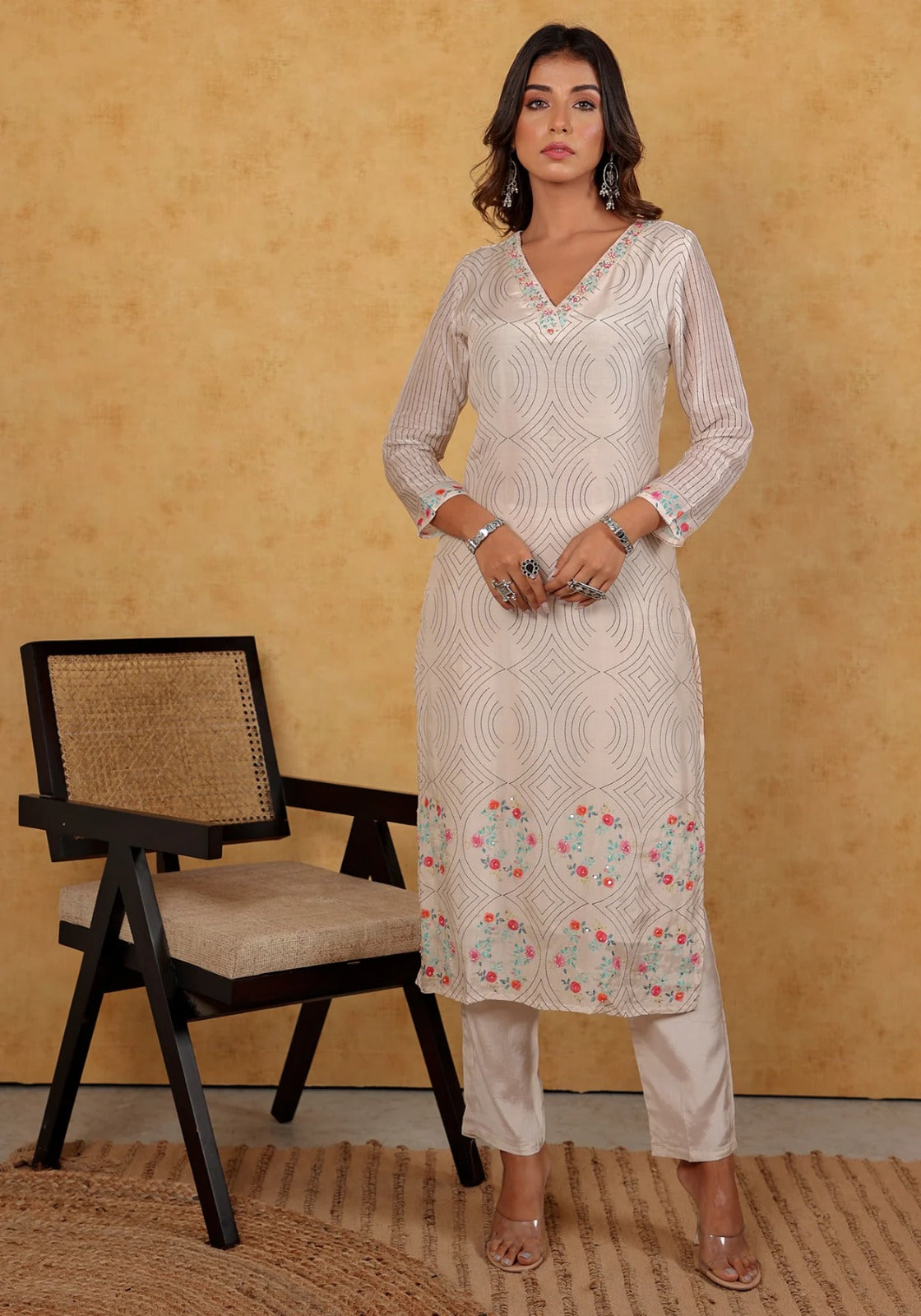 White Embellished Gathered Kurta, Pants And Dupatta Set