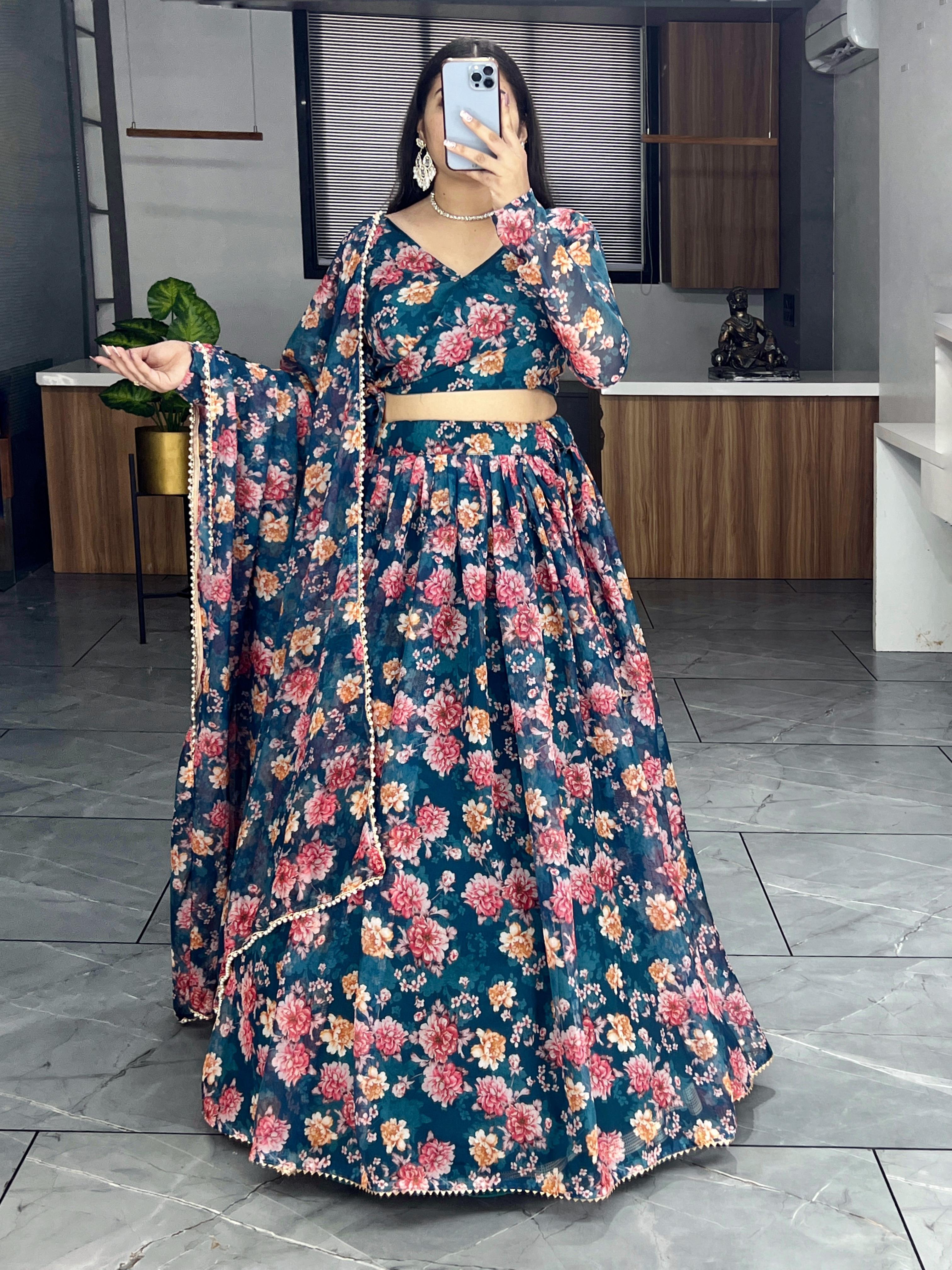 Floral Printed Tabby Silk Lehenga