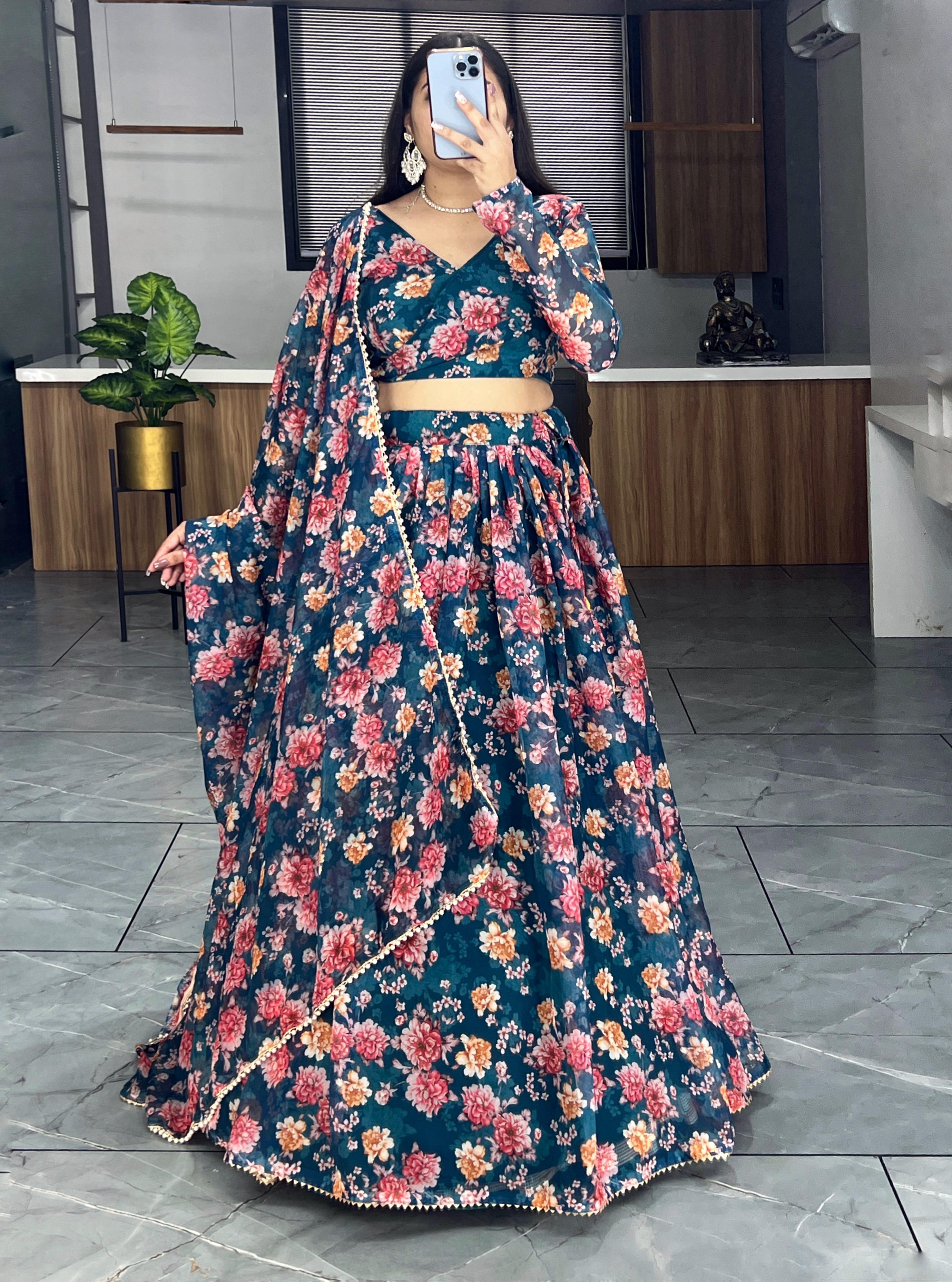 Floral Printed Tabby Silk Lehenga