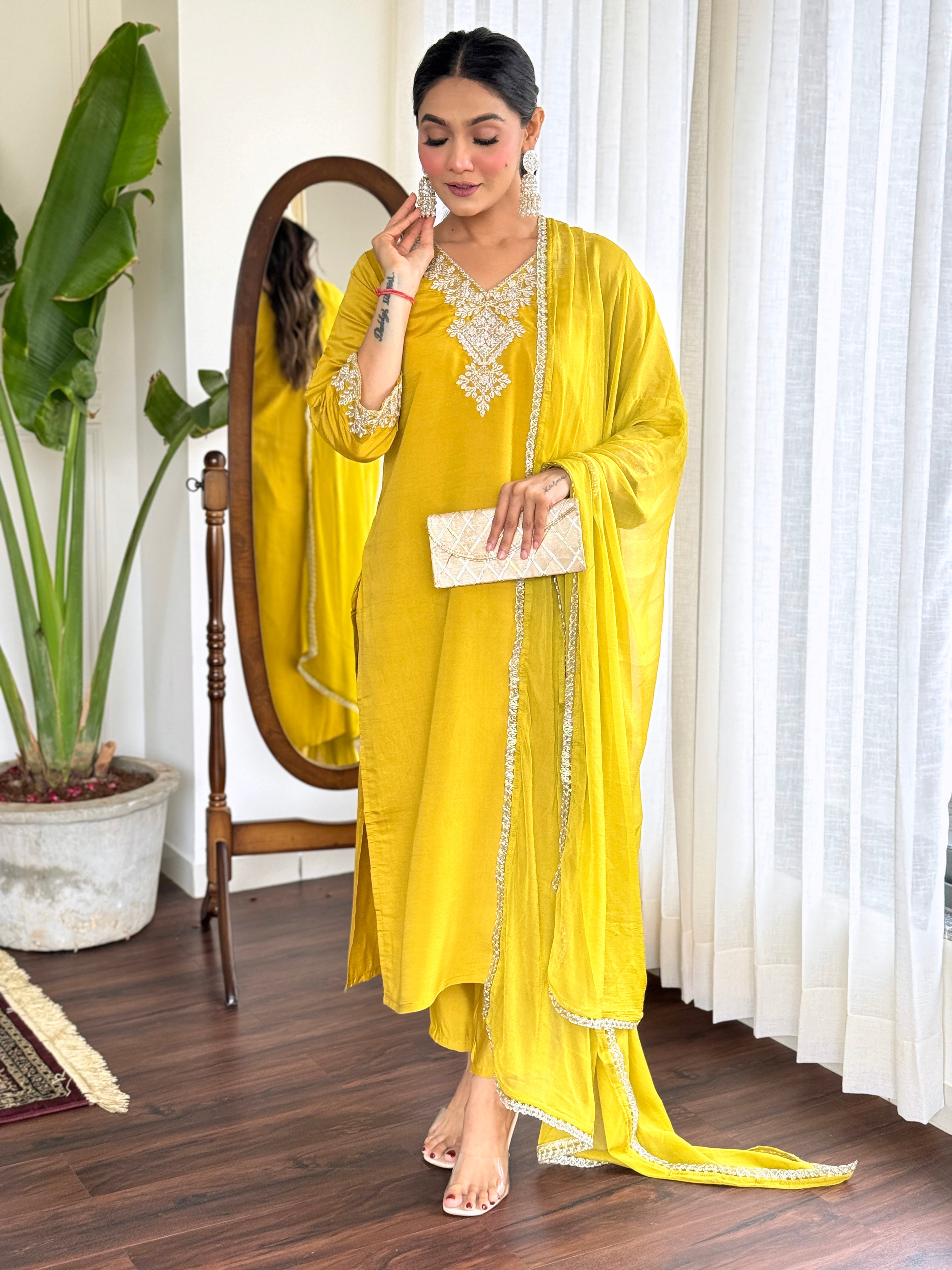 Yellow Shell Chanderi Kurta Set