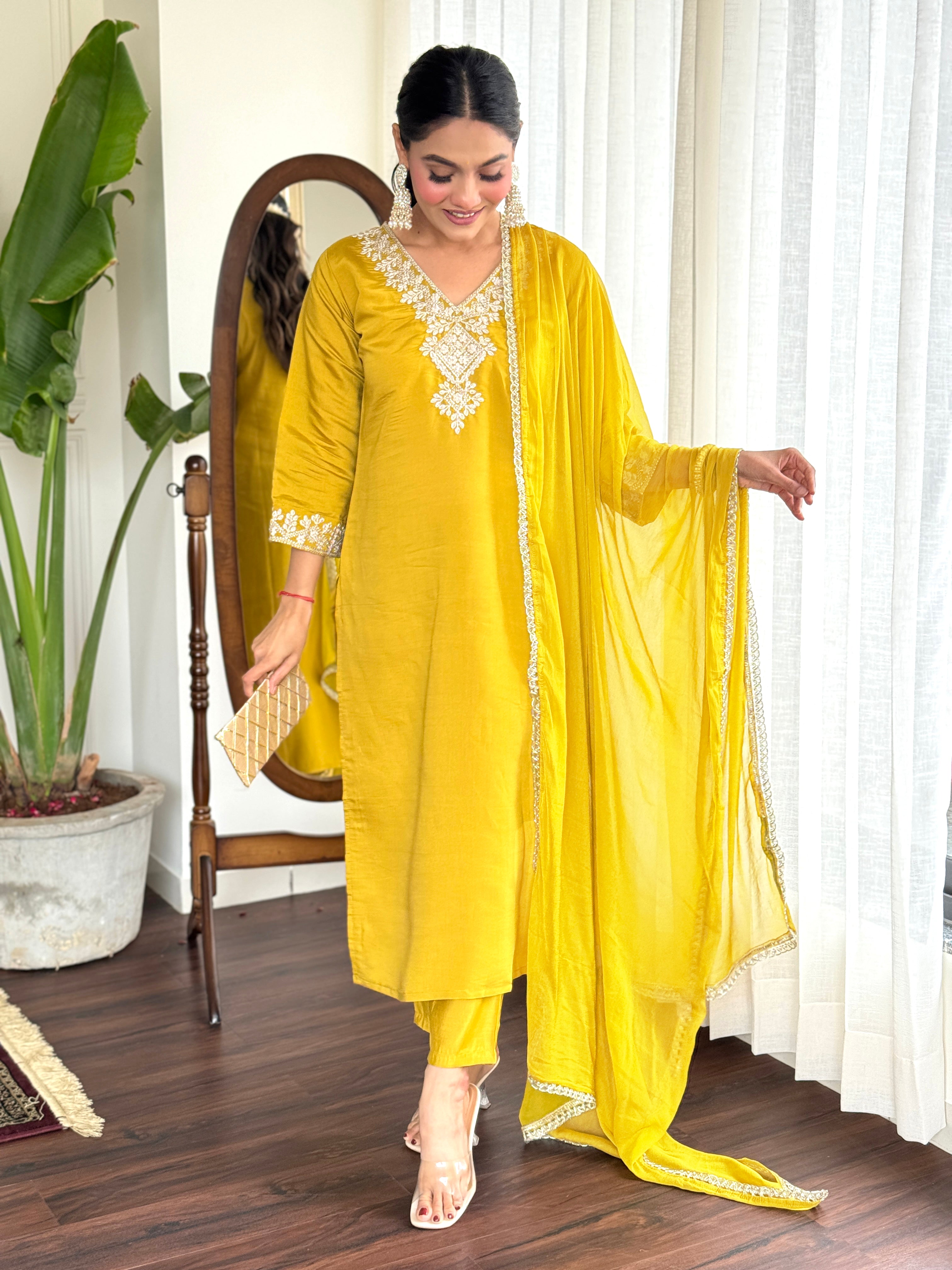 Yellow Shell Chanderi Kurta Set