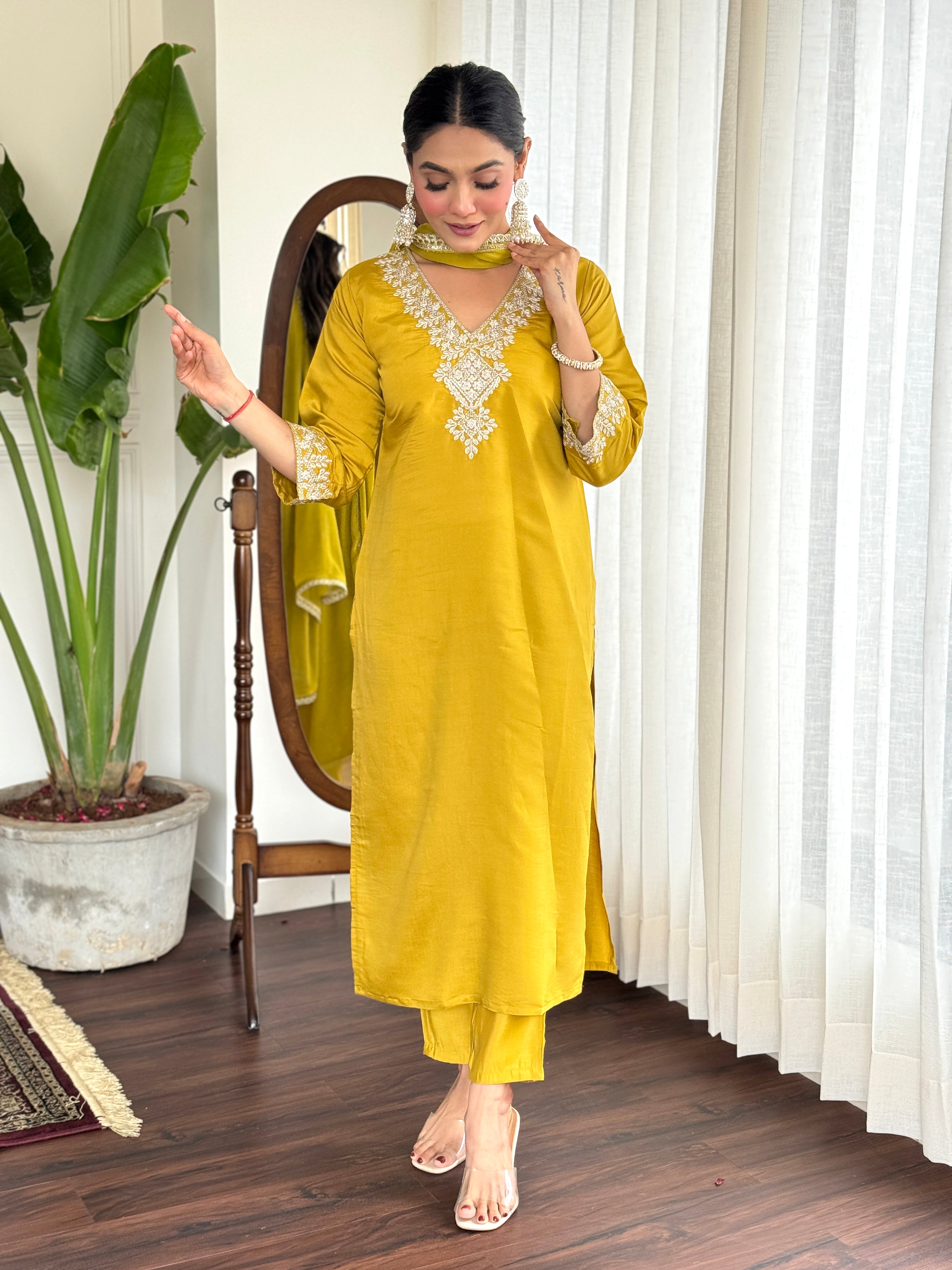 Yellow Shell Chanderi Kurta Set