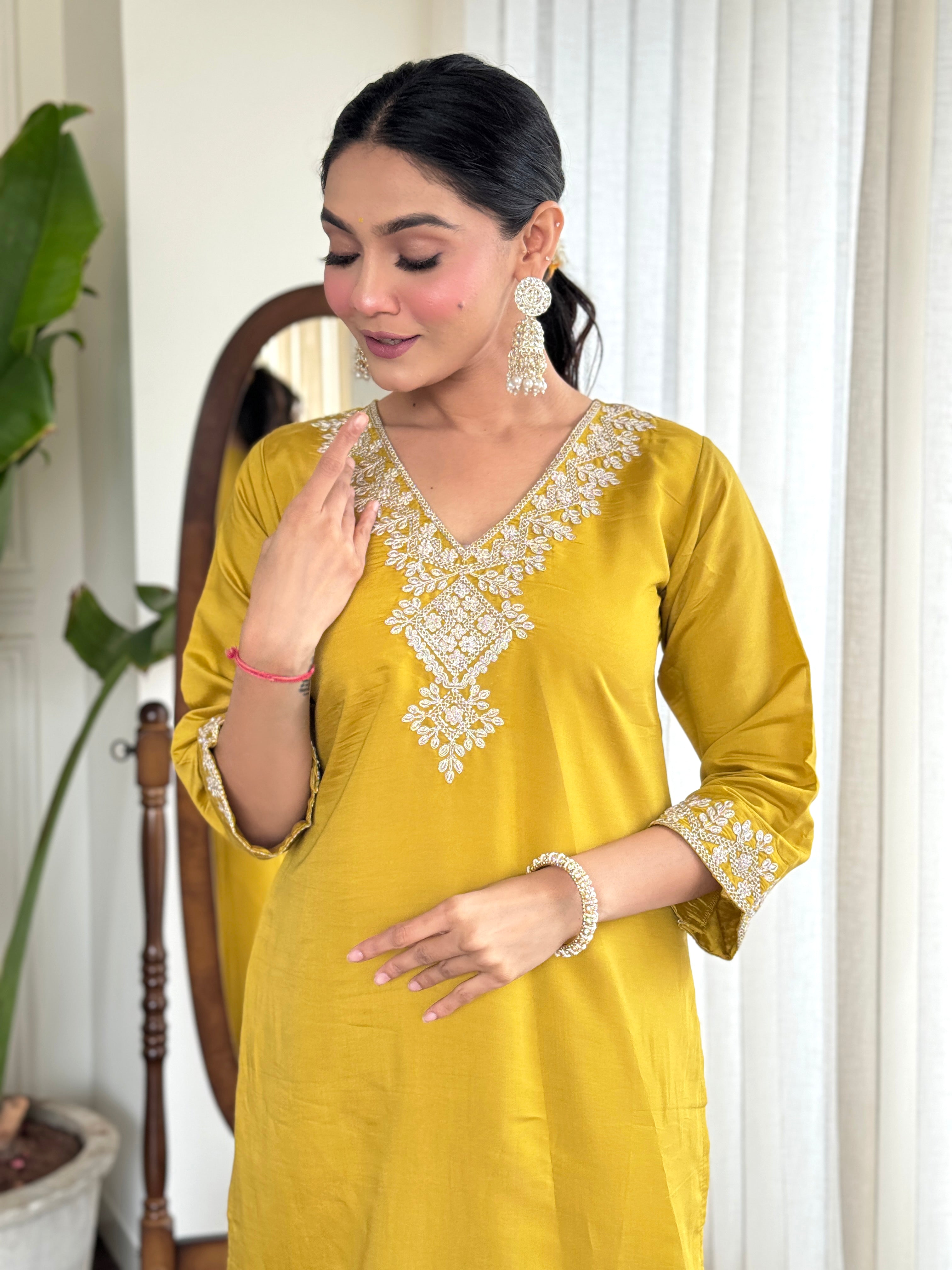 Yellow Shell Chanderi Kurta Set