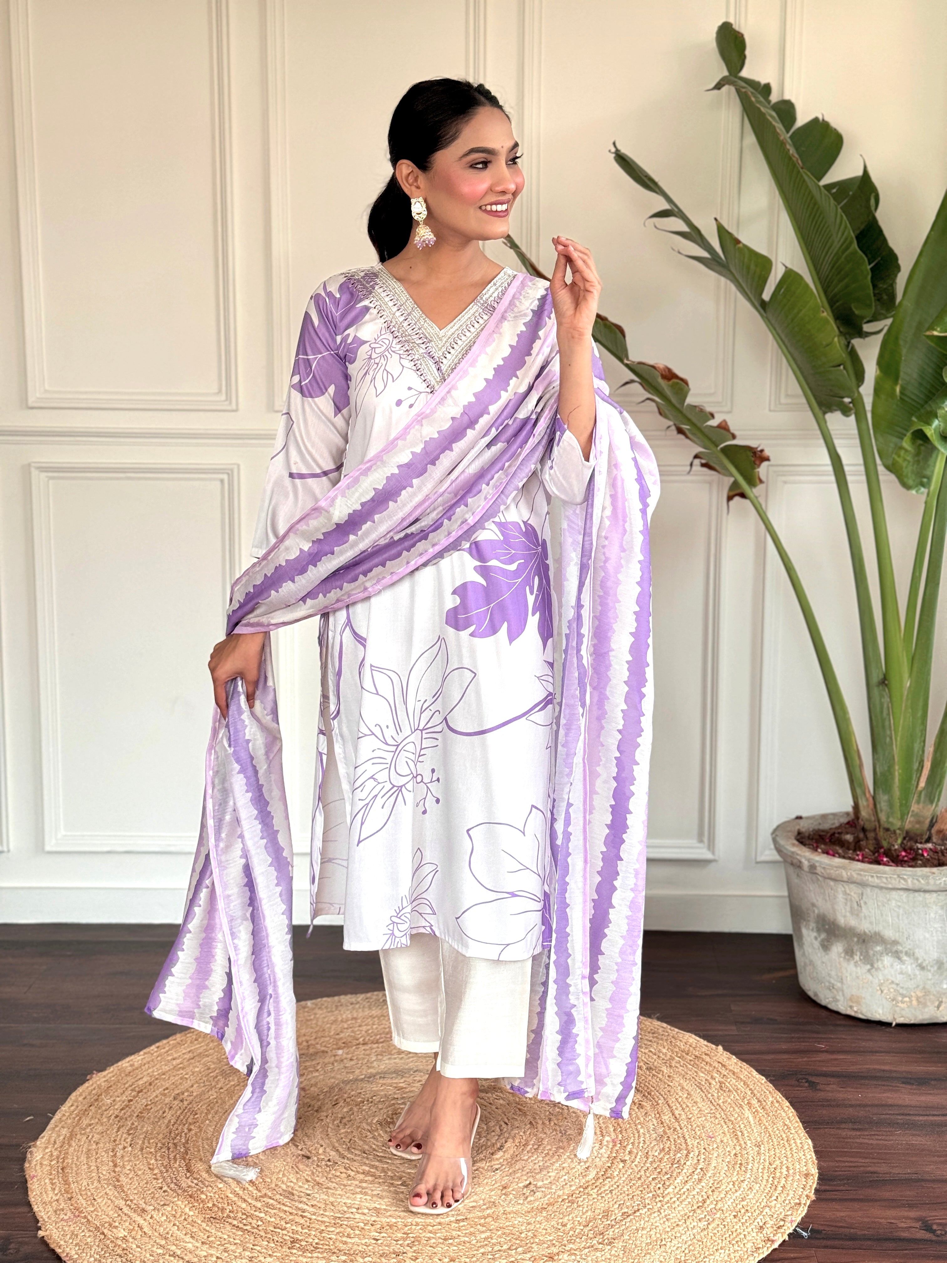 Women Embroidered Straight Kurta with Pants & Dupatta Set