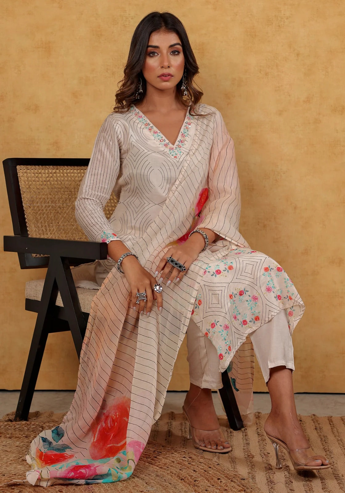 White Embellished Gathered Kurta, Pants And Dupatta Set