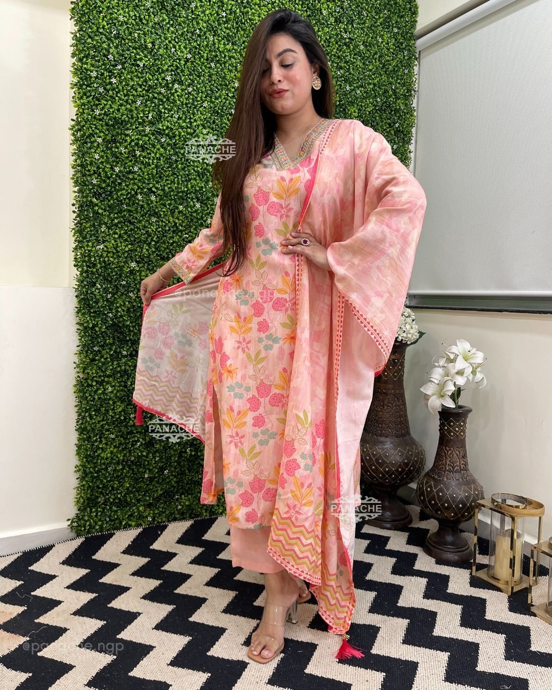 Floral straight kurta pants set with dupatta