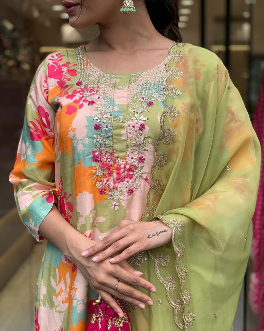 Kurtilo Green Embroidered Panelled Kurta, Pants And Dupatta Set